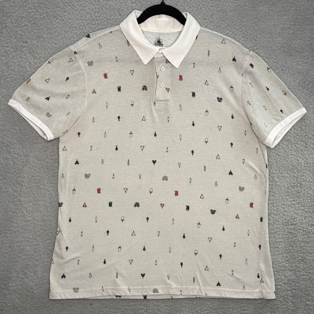 Disney Parks Mens M Polo Shirt Gray Mickey Snacks Treats All Over Print S/S